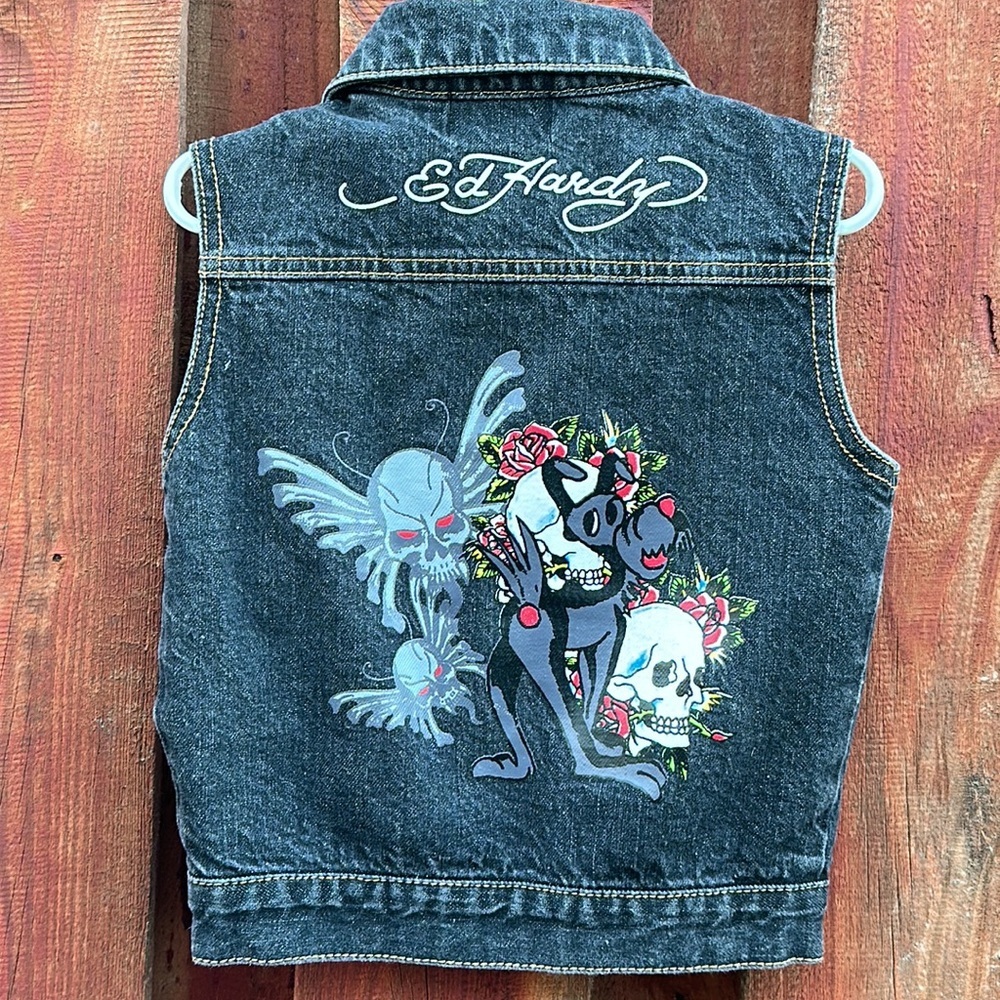 Ed Hardy Kids Vintage Denim Vest 5T Grunge Dog Skull Back Graphic Y2K
